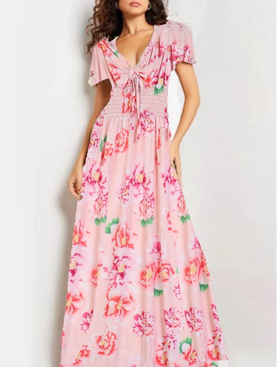 Floral V -Neck Short Sleeved Summer Dress